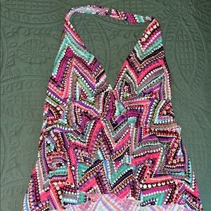 Colorful Halter Tankini Swim Bathing Suit Beach Top with Geometric Pattern
